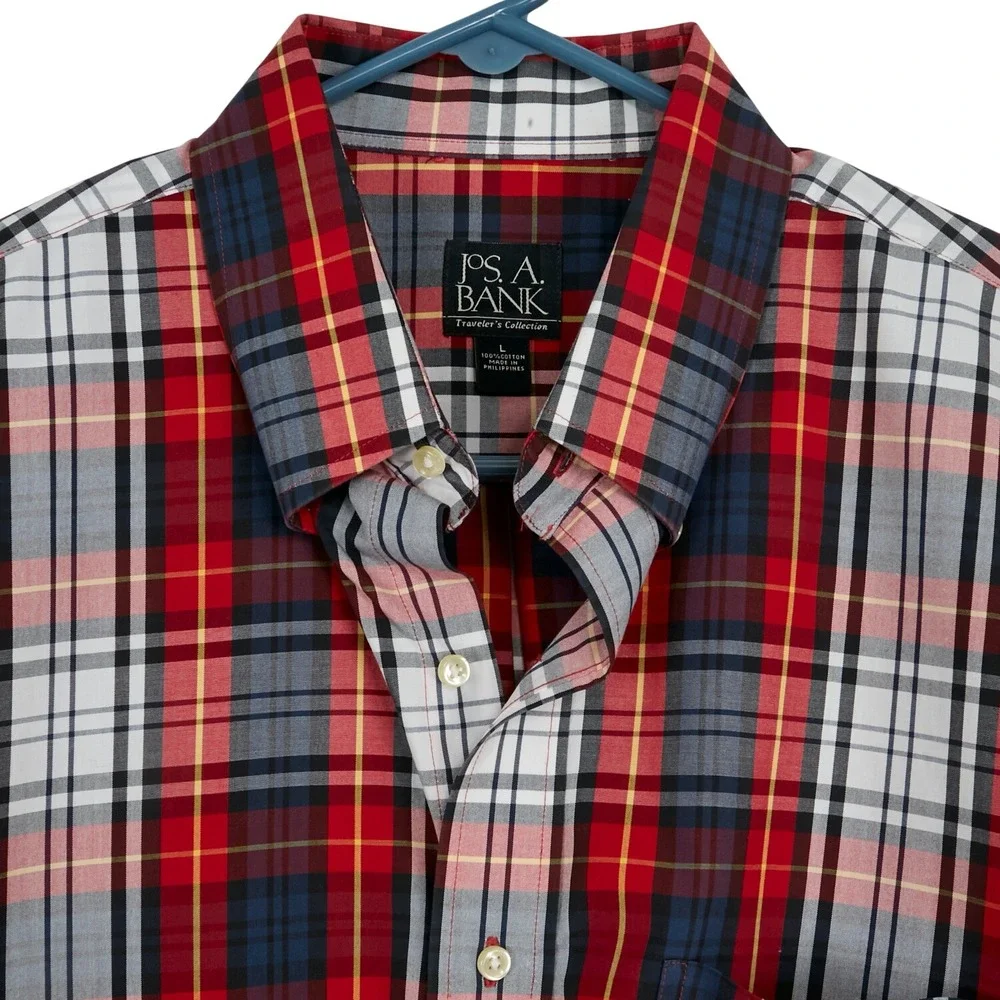 Jos. A. Bank Button Down Mens Large Red Plaid Traveler's Collection Cotton Shirt - Picture 5 of 12
